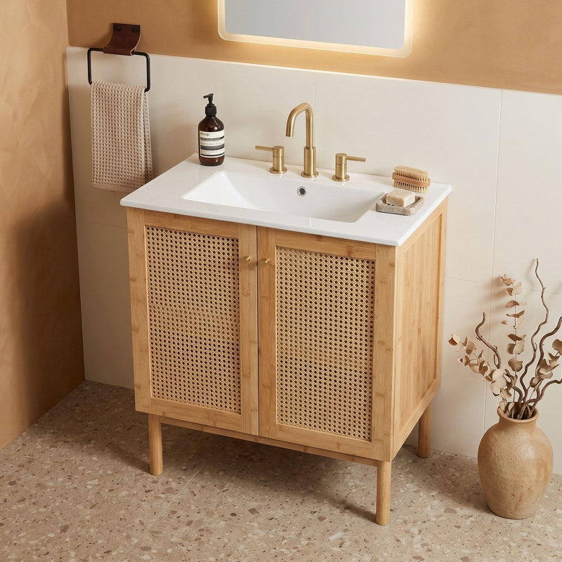 Meuble-lavabo avec détails en rotin tissé à la main et lavabo en céramique élégant