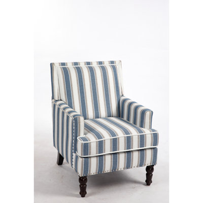 Upholstered Accent Chair With Blue And White Striped Linen Fabric For Living Room, Vintage Armchair Nailhead Trim, Comfortable Upholstery, Trim Cozy