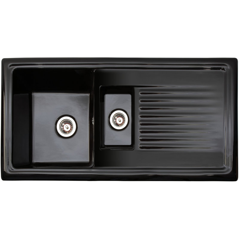 Traditional Kitchen Sink Ceramic 1.5 Bowl White Reversible Waste RL301CW, Black