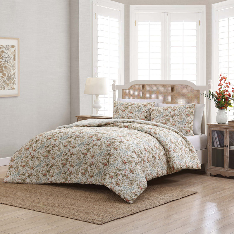 Ensemble d'édredon réversible en coton Laura Ashley, Édredon pour grand lit + 2 taies décoratives, Beige
