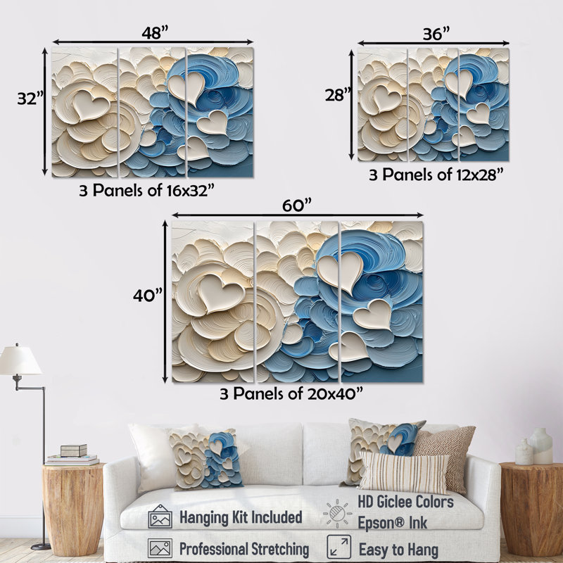 «Blue and White Spiraling Hearts I», ensemble de décorations murales spirales abstraites, H 28 po x l 36 po x P 1 po