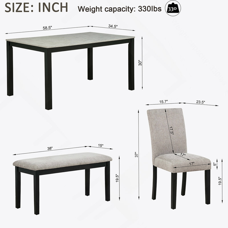 Ensemble de table de salle à manger 6 pièces, table de cuisine en bois avec 4 chaises rembourrées, 1 banc