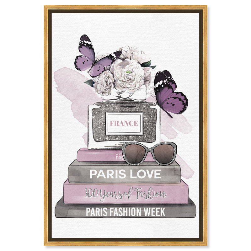 Fleurs avec livres et papillons lavande - impression sur toile, H 36 po x l 24 po x 1,5 po, Toile encadrée d'or