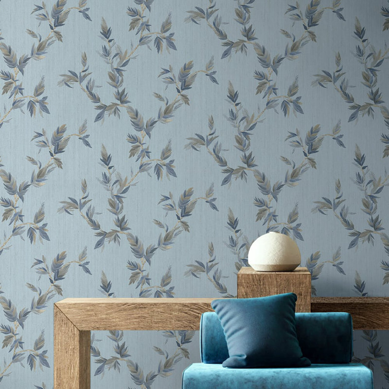 Ornamenta Collection Thin Leaf Shimmer Finish Wallpaper Roll, Blue