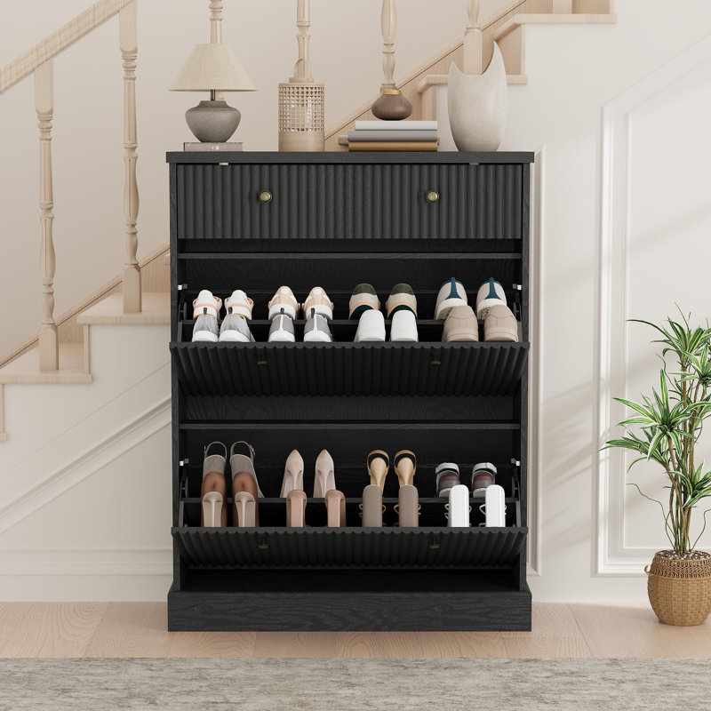 Wooden 42" Tall Fluted Narrow Shoe Storage Cabinet with 2 Flip Drawers & Top Drawer, Curved Profile Design Shoe Organizer for Entryway & Hallway, Black