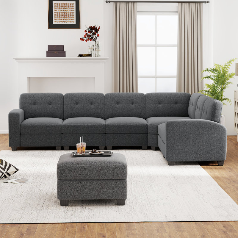 Soft Upholstered Modern Modular Sectional Sofa Set With Movable Ottoman, Gray Polyester Blend