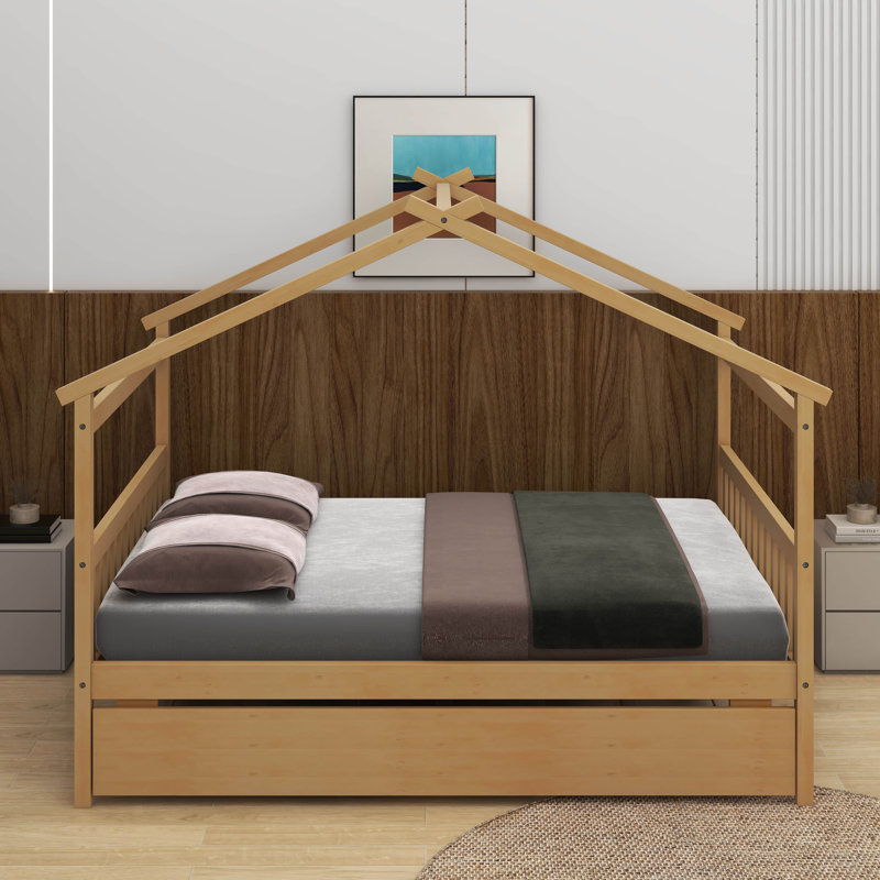 Lit double en bois avec lit gigogne, Naturel, Double