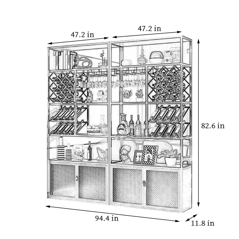 Black Wine Cooler, 82.6" H x 94.4" W x 11.8" D