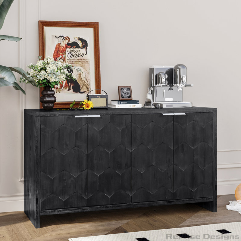 Farmhouse Style 4 Door Wooden Cabinet, Antique Black