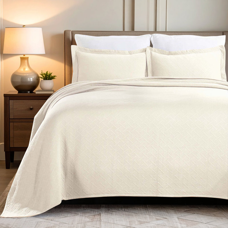 The Blue Nile Mills Basketweave Cotton Matelasse Bedspread And Pillow Sham Set, Ivory, Twin Bedspread + 2 Standard Shams