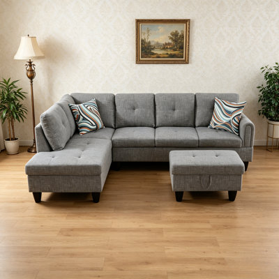 Grey Linen 3-Piece Living Room Sofa Set, Left Facing L-Shaped Sectional Couch with Storage Ottoman