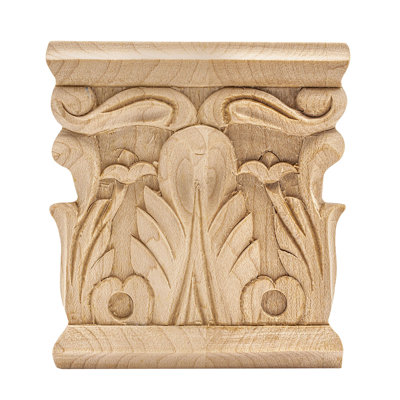 3-1/8 in x 3 in x 1/2 in Unfinished Acanthus Wood Onlay Capital Wood Applique