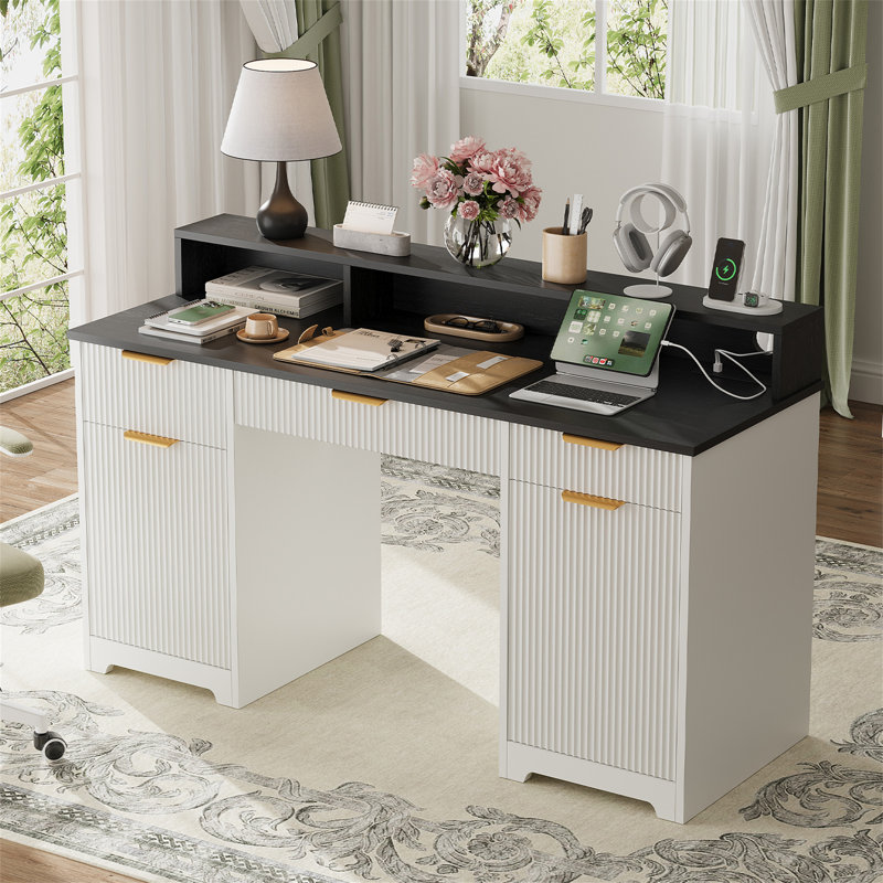 Executive Office Desk Computer Table With Power Outlets And Monitor Stand (Not Include Stools)