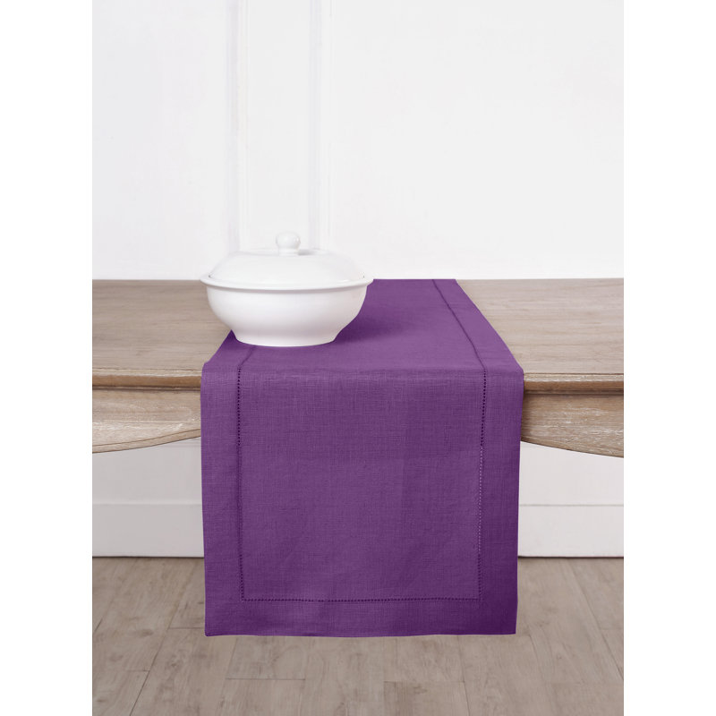 100% Pure Linen Hemstitch Table Runner, 48" x 14", Purple, Solid Color