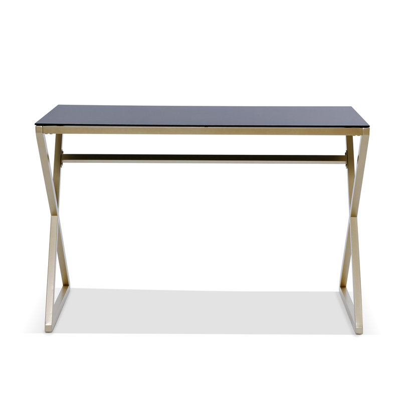 Hematite Glass Top Metal Base Writing Desk, Gold, Black Glass