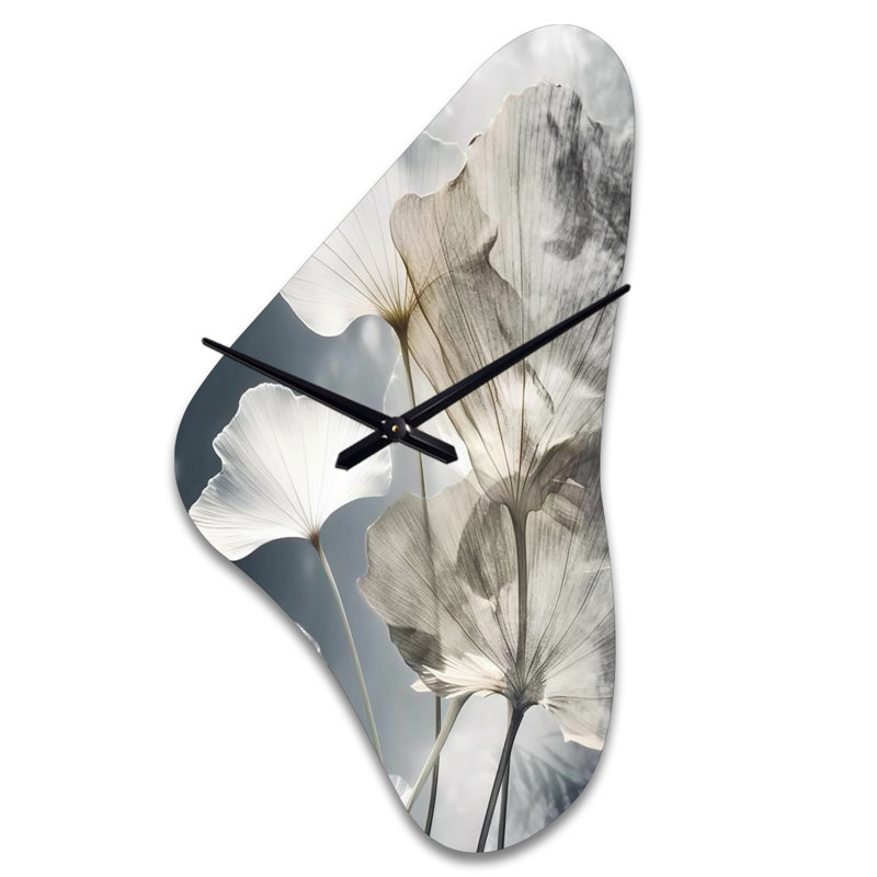 Impression sur palmier tropical pour art Ginkgo III - gris, forme unique en métal, horloge murale asymétrique traditionnelle