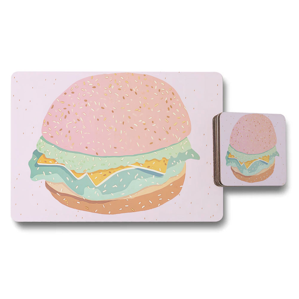 Pastel Burger Themed Placemat And Coaster Set With Pink Background