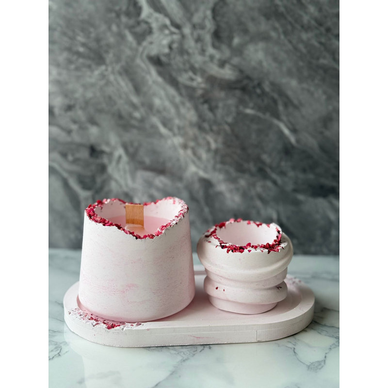Ensemble de bougies élégantes (3 pièces), rose et blanc, 3,1 x 3,1 x 1,6 po et 3,1 x 2,8 x 0,8 po | Supports 100% béton avec bougies en cire de soja | Parfait pour la décoration intérieure, les cadeaux et les moments de détente