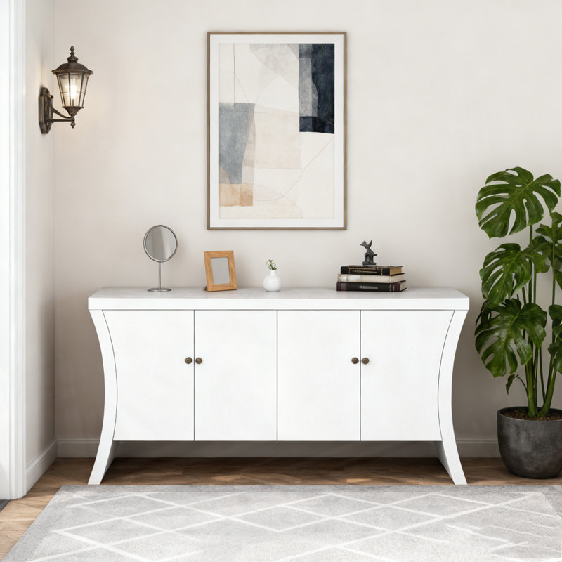 Crédence 4 portes avec pieds de rangement en bois, Blanc