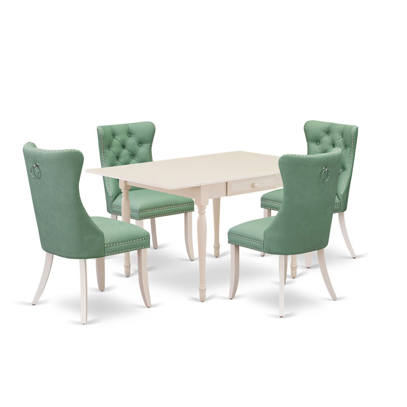 Ensemble de 5 pièces comprenant une table de cuisine rectangulaire avec Dropleaf et 4 chaises rembourrées, Blanc, Vert/blanc