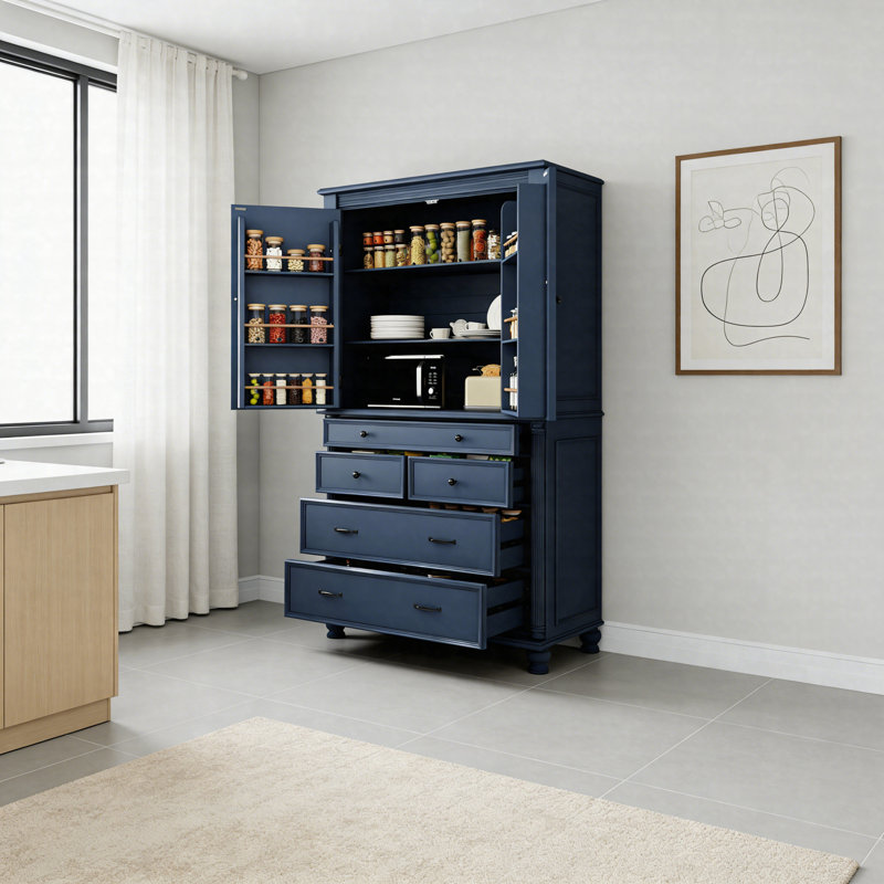 Grande armoire de cuisine autoportante avec tiroirs, grande armoire de rangement avec tablettes de porte et tablettes réglables