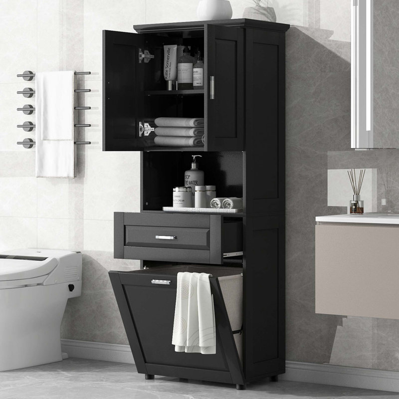 Grande armoire de salle de bain avec panier à linge, grand panier à linge inclinable et armoire de rangement supérieure, Noir