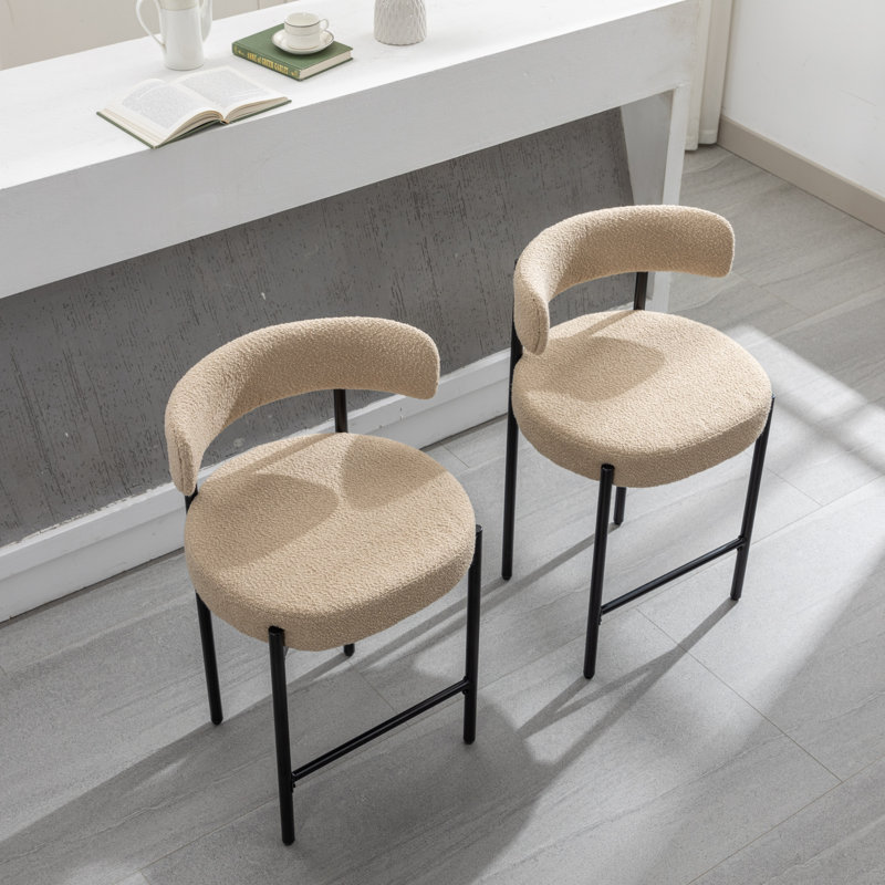 Beige Bouclé Upholstered Counter Stools with Metal Frame, Set of 4
