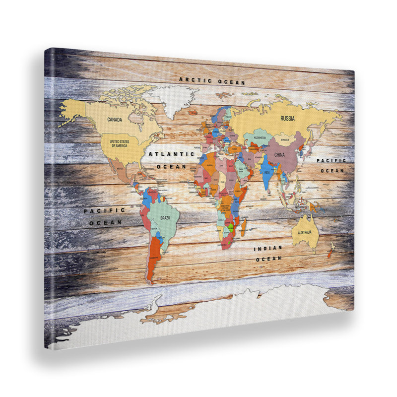 Map Of The World On Wooden Boards by Giallobus - No Frame Painting, 70cm H x 100cm W, Plastic/Acrylic