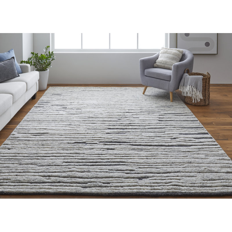 Broadfield Striped Hand-Knotted Wool Area Rug in Ivory, Rectangle 5'6" x 8'6"