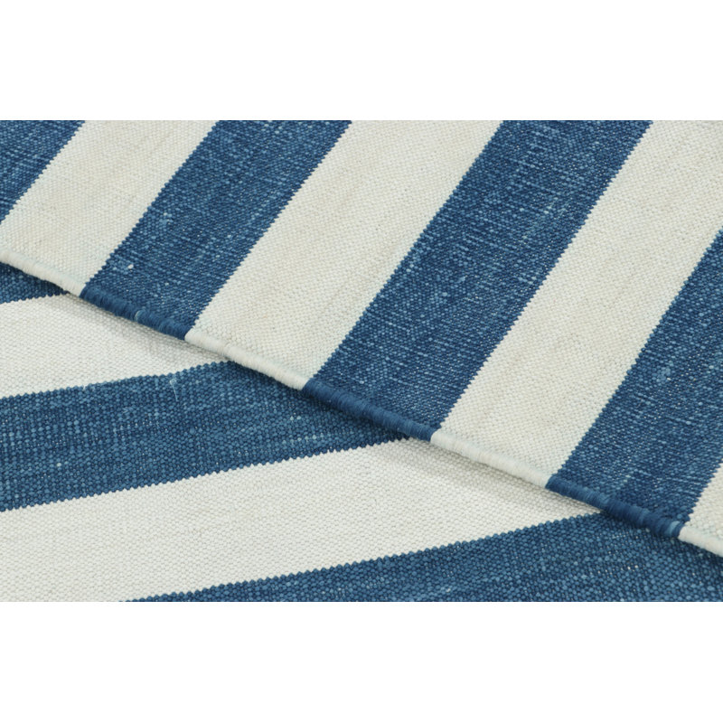 Rug & Kilim’S Indian Dhurrie Rug In Cool, Coastal Navy Blue And White Stripes
