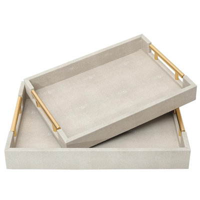 Set Of 2 Shagreen Serving Tray With Gold Polished Metal Handles Ivory Wood Decorative Tray PU Leather With Brushed Gold For Coffee Table Ottoman Console Table