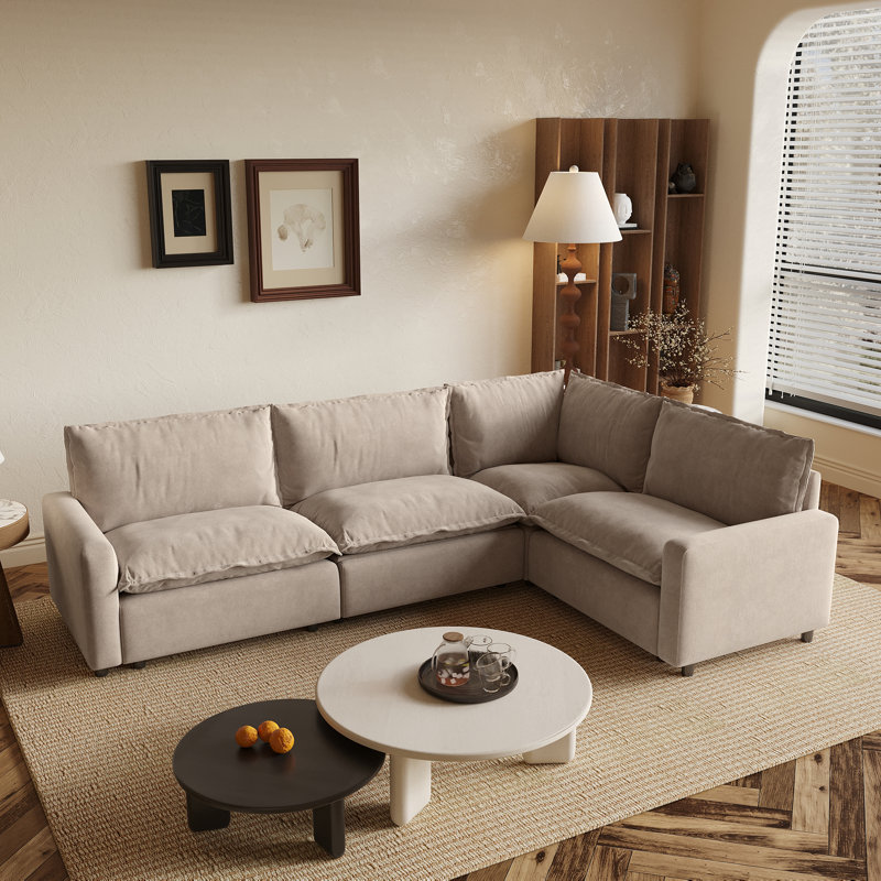 Canapé modulaire 4 pièces, canapé inclinable électrique en tissu avec coussin chauffant, Lin kaki