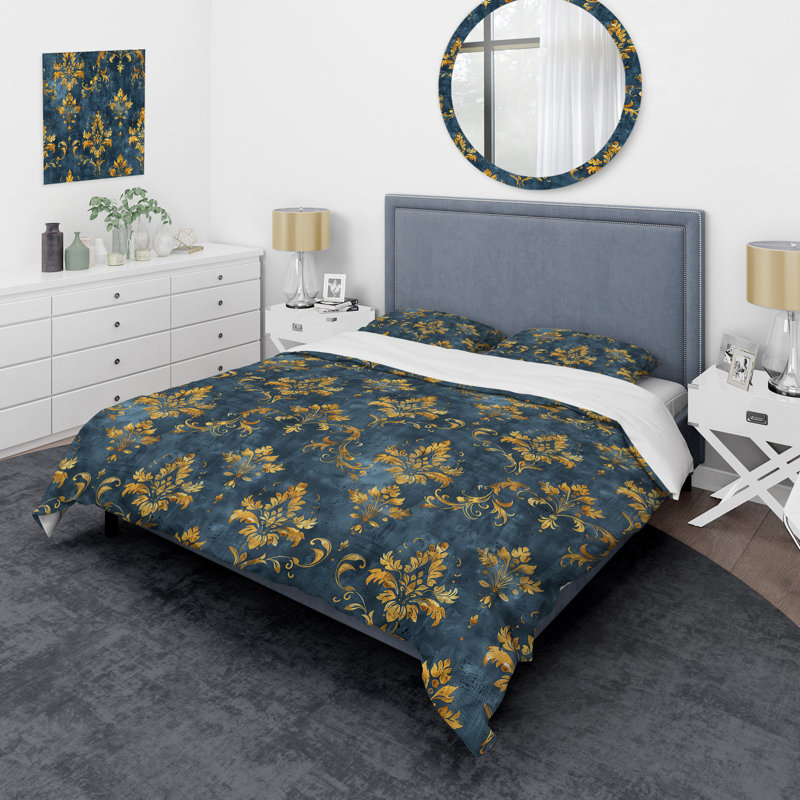 Blue Gold Timeless Damask Art II - Ensemble de housse de couette transitionnel