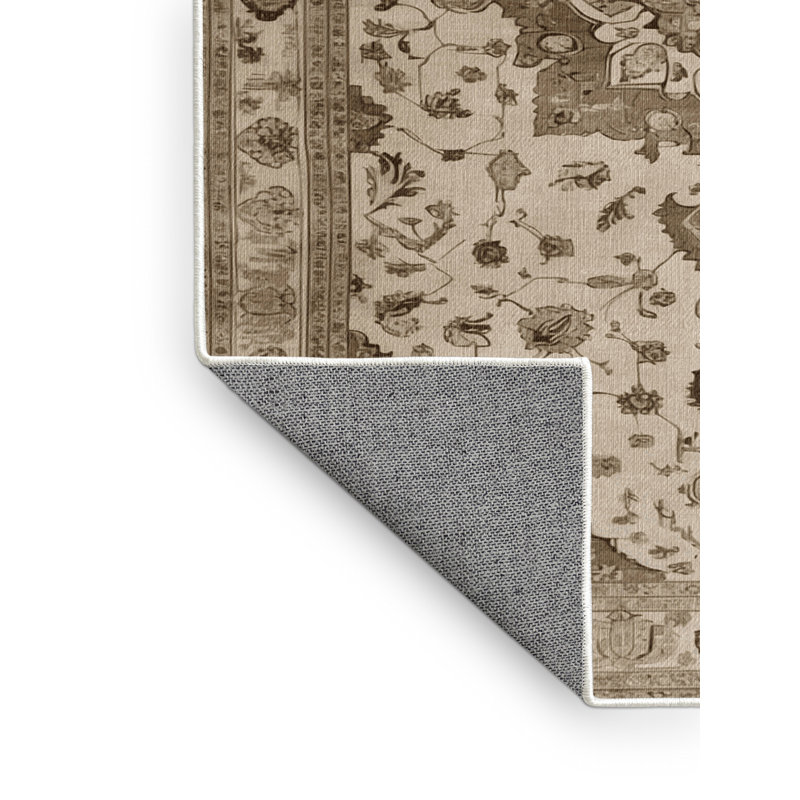 Tapis beige Tabriz lavable à la machine, Rond 3 pi