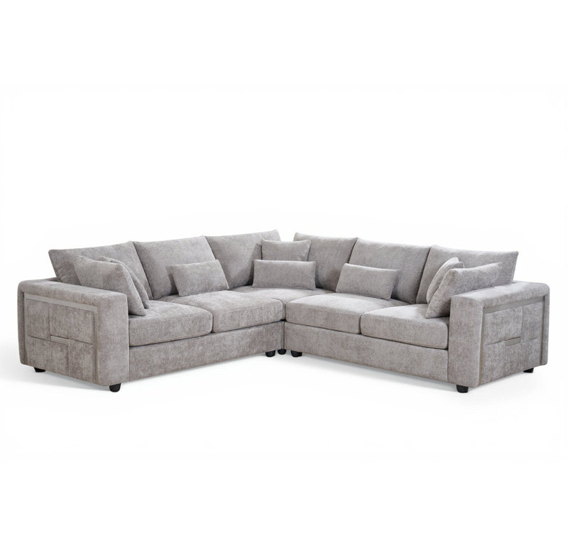 Howser Corner Sofa, Grey - Silver Accents