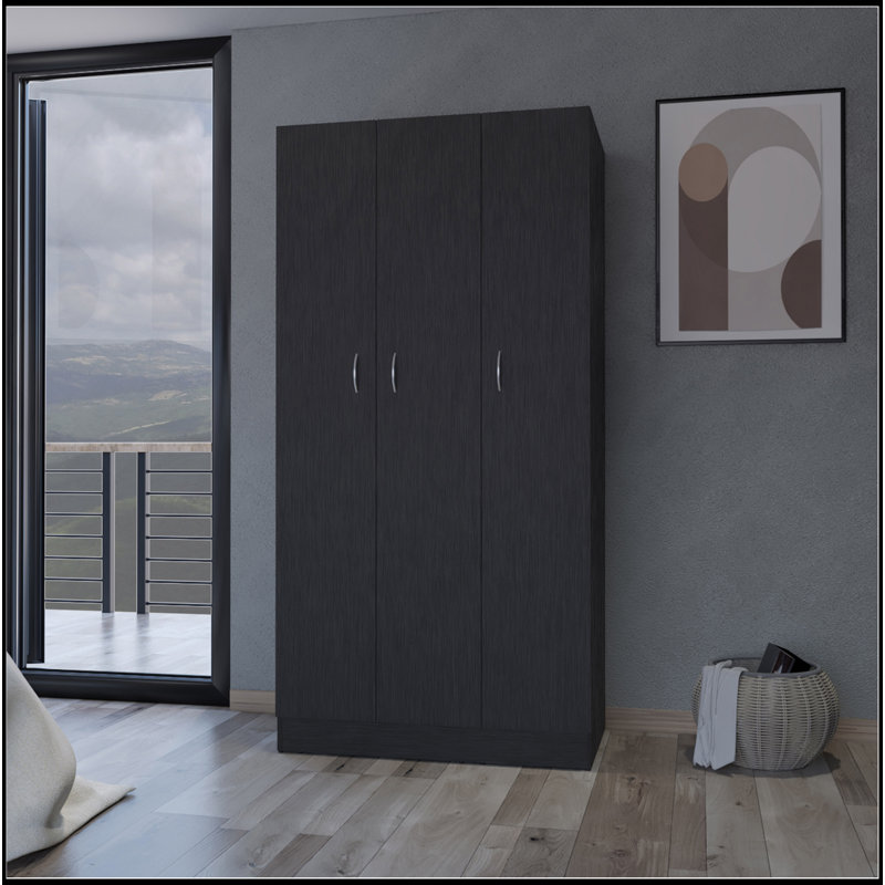 Armoire Casper avec 2 tiroirs, tringle suspendue et 3 portes, Noir