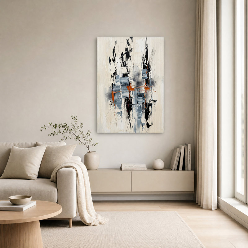 Tableau abstrait à coups de pinceau verticaux noirs, gris et rouille sur toile, H 24 po x l 16 po