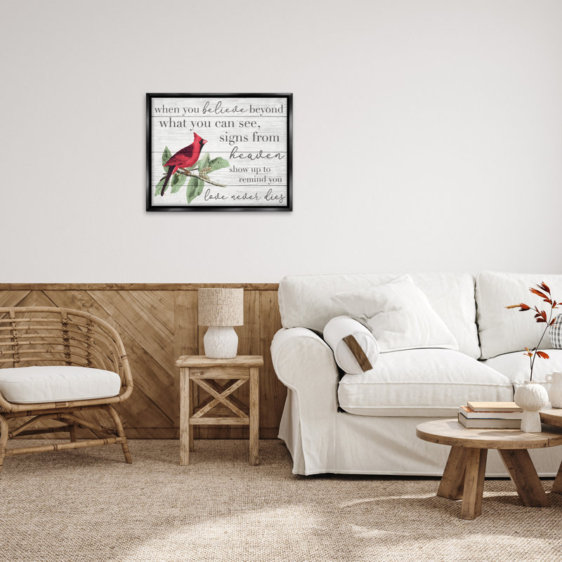 «Love Never Dies Inspirational Cardinal Grain», art mural sur toile flottante par Daphne Polselli fda-107, H 21 po x l 17 po