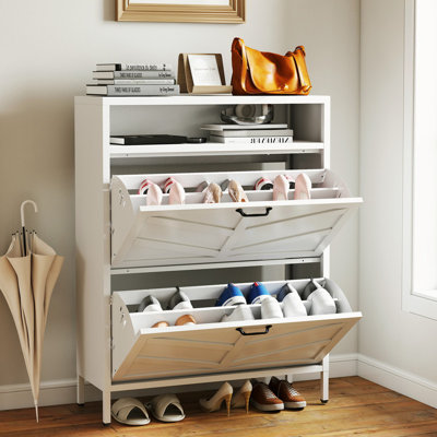 Armoire à chaussures 31,5 po en métal blanc avec 2 tiroirs rabattables