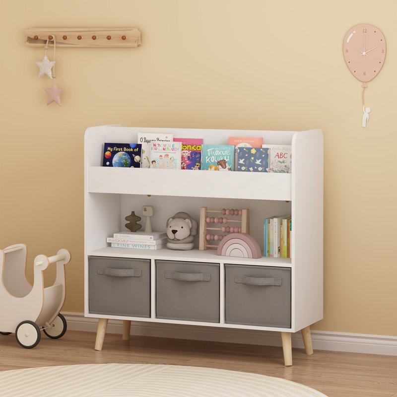 Bibliothèque avec 3 bacs en tissu, bibliothèque moderne avec rangement, H 31,55 po x l 35,48 po x P 11,07 po