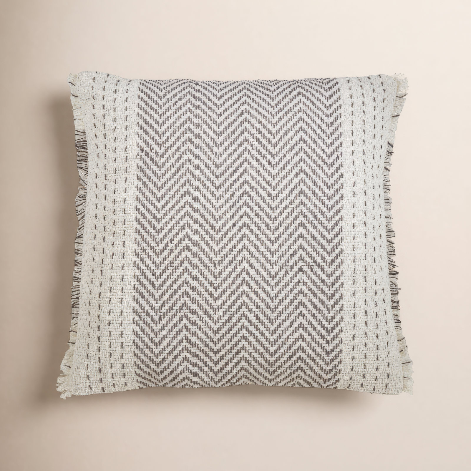 Carey Fringed Cotton Throw Pillow, Polyester/Polyfill, Gray/Ivory