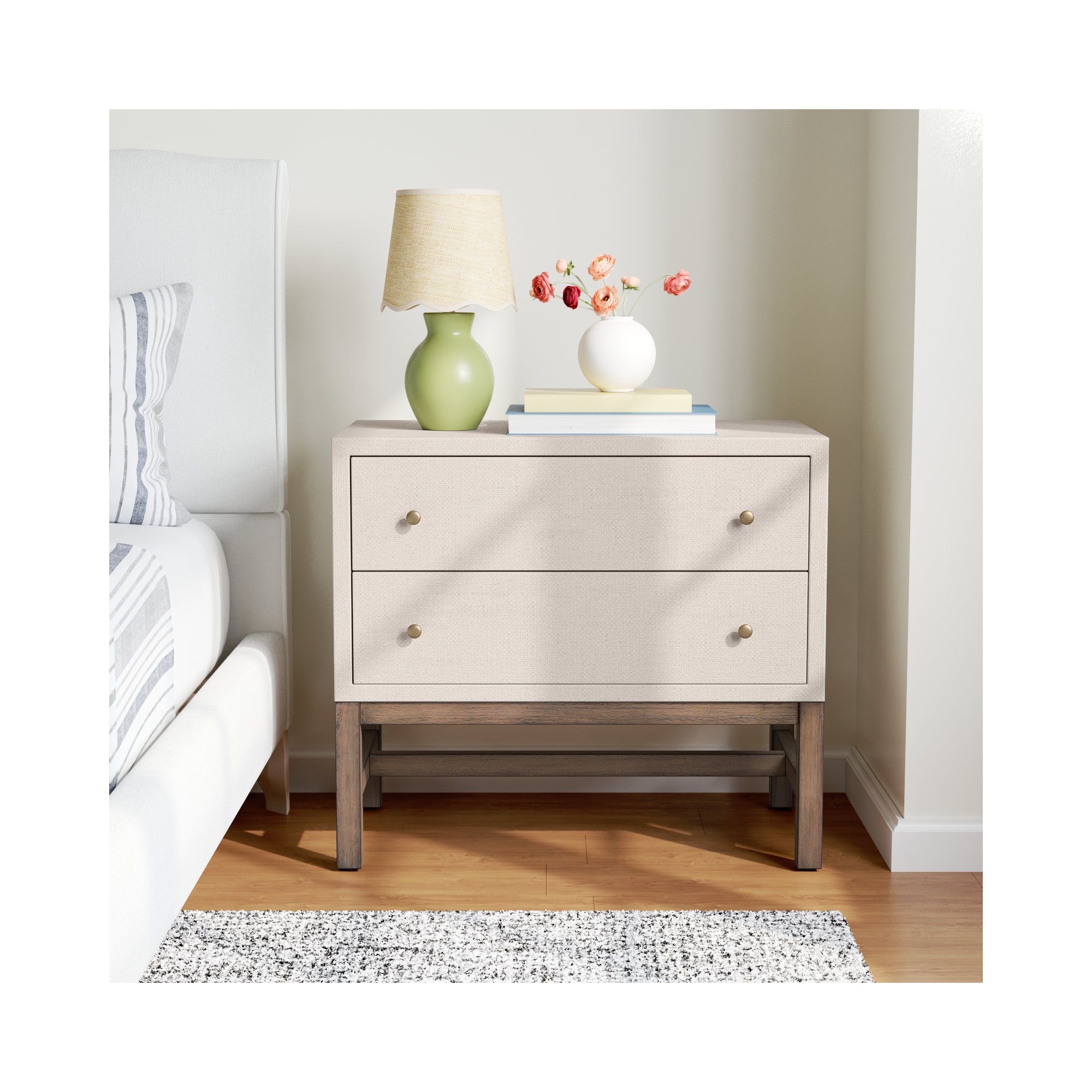 Hakana 2 - Drawer Raffia Nightstand, Ivory Painted Raffia