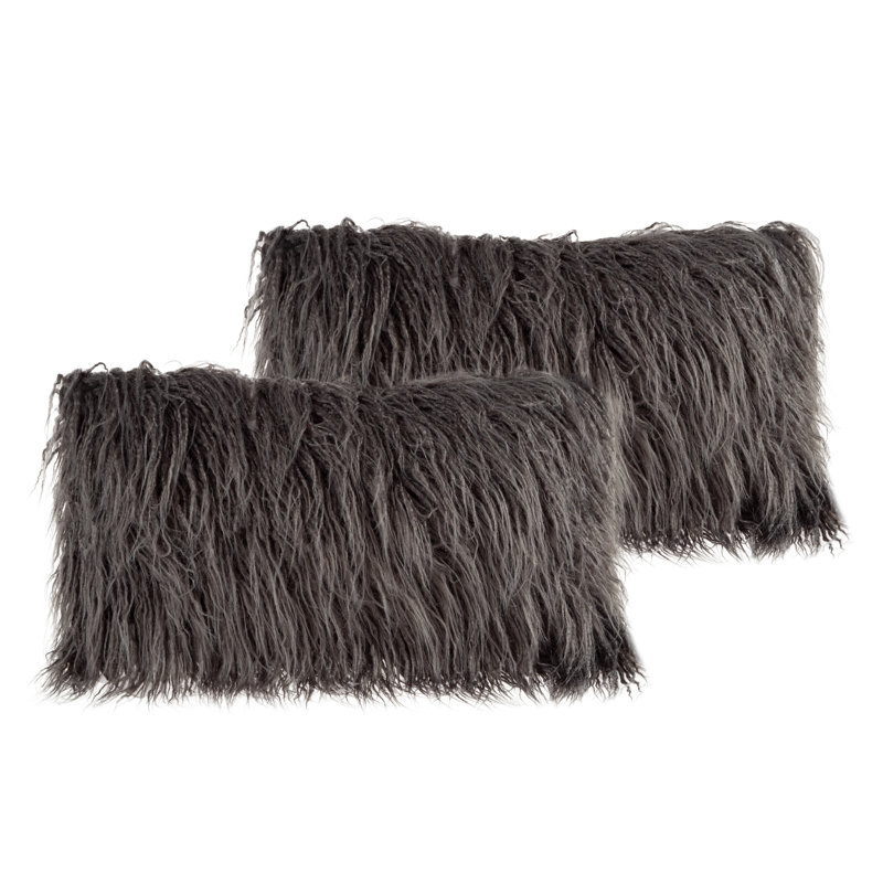 12x20 Plush Lumbar Faux Fur Pillows – 2-Pack Decorative Pillow Insert and Shag Cover Set for Bedroom, Living Room, or Office by Lavish Home (Gray)