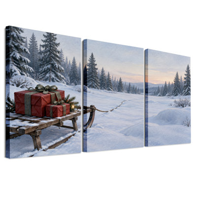 Ensemble de 3 toiles murales représentant un traîneau en bois avec des boîtes cadeaux rouges dans un décor de Noël enneigé