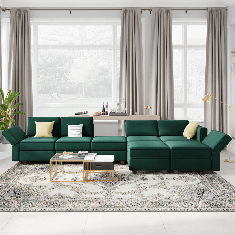 Nakash 3-Piece Symmetrical Modular Sectional Loveseat Upholstered Velvet Storage Apartment 2-Seat Sofa, Green