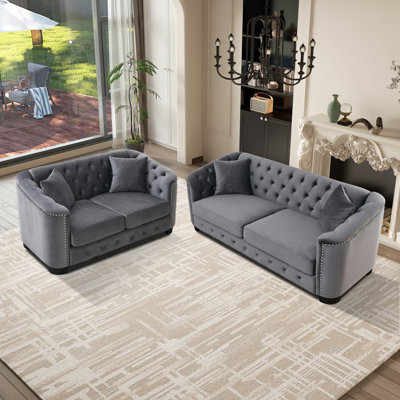Ensemble de canapé de salon 2 pièces en velours capitonné Chesterfield