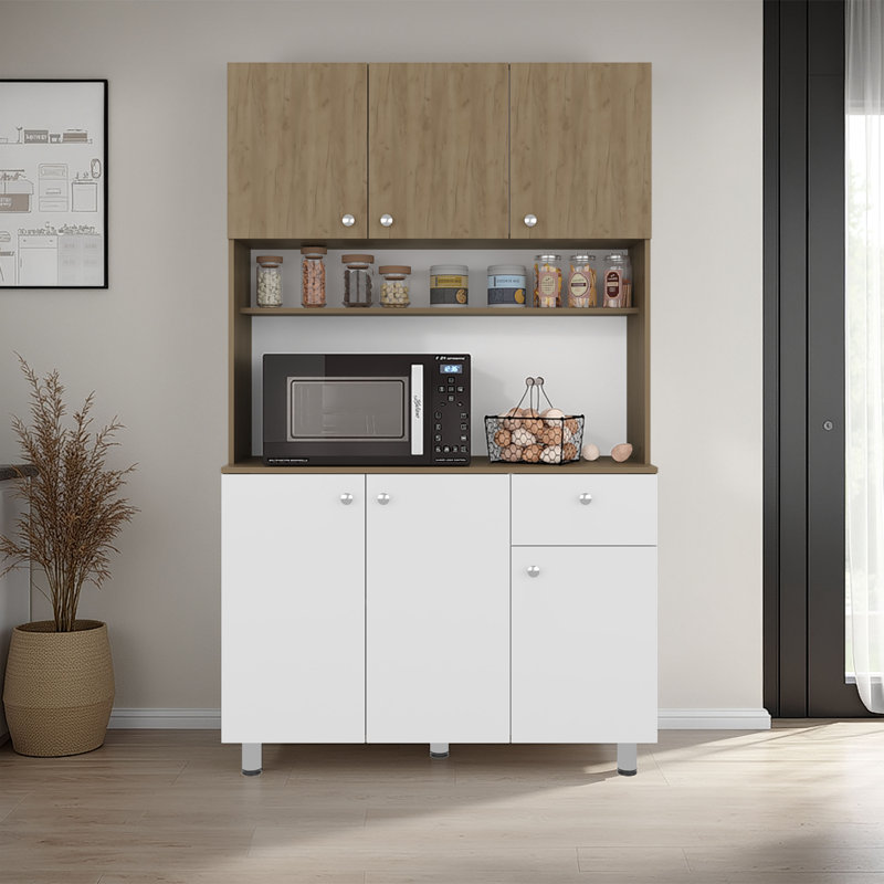 Armoire de cuisine à micro-ondes à 6 portes avec 1 tiroir et 6 compartiments de rangement intérieurs, un comptoir ouvert spacieux et une tablette supérieure ouverte Wilson