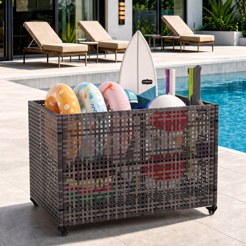 Pool Float Storage Organizer with Wheels Mesh Rolling Cart for Toys Noodles and Swim Gear Outdoor Bin with Locking Casters for Poolside