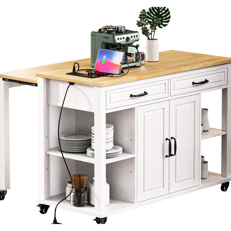 Extendable Kitchen Island With 47.2 X 19.7 Counter, Rubber Wood Table, Storage Cabinets, Type - C And Ports 2 Ac 1 Outlet