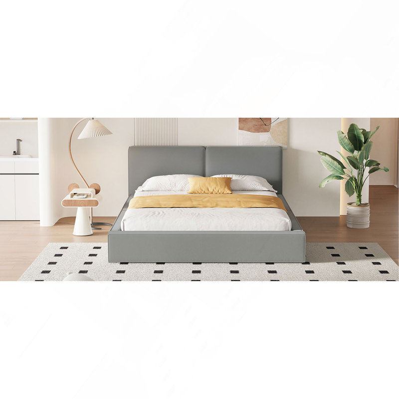Lit plateforme tapissier grand format en velours, Gris